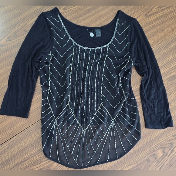 BKE Boutique Tops - BKE Boutique Black Beaded 3/4 Sleeve Semi Sheer Blouse Womens Medium